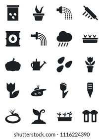 Set of vector isolated black icon - flower in pot vector, seedling, watering can, sproute, rain, plant label, pumpkin, seeds, pond, tulip, oil barrel, rolling pin, water filter