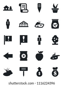 Set of vector isolated black icon - left arrow vector, manager, contract, seedling, plant label, greenhouse, pond, fertilizer, important flag, house with tree, fruit, apple, money bag