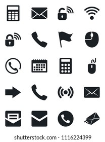 Set of vector isolated black icon - phone vector, right arrow, mail, mouse, call, calendar, calculator, wireless, lock, flag