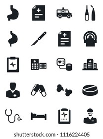 Set of vector isolated black icon - bed vector, diagnosis, stethoscope, blood pressure, pills, ampoule, scalpel, tomography, ambulance car, stomach, broken bone, pulse clipboard, hospital, doctor