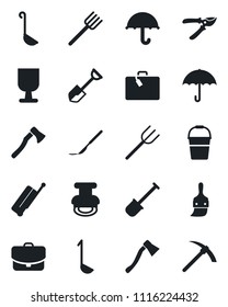 Set of vector isolated black icon - suitcase vector, shovel, farm fork, bucket, pruner, axe, scalpel, fragile, umbrella, themes, stamp, ladle, case, hard work