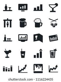 Set of vector isolated black icon - security gate vector, growth statistic, monitor, barcode, equalizer, scanner, statistics, bar graph, alcohol, wine card, cocktail, phyto, beer, sushi