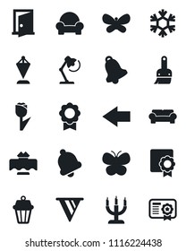 Set of vector isolated black icon - left arrow vector, pennant, butterfly, tulip, themes, bell, sertificate, desk lamp, cushioned furniture, restaurant table, candle, snowflake, outdoor, door