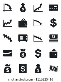Set of vector isolated black icon - credit card vector, safe, dollar sign, money bag, crisis graph, receipt, wallet, growth, cash