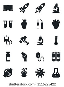 Set of vector isolated black icon - book vector, blood test vial, dropper, microscope, ampoule, real heart, joint, virus, satellite, thermometer, rocket, flask