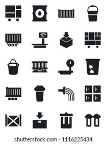 Set of vector isolated black icon - trash bin vector, checkroom, bucket, watering, railroad, truck trailer, cargo container, consolidated, package, oil barrel, heavy scales, water filter