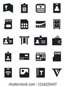Set of vector isolated black icon - credit card vector, identity, medical calendar, gallery, sd, sim, archive box, wine, pass, wallet, pennon