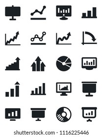 Set of vector isolated black icon - growth statistic vector, presentation board, crisis graph, monitor, circle chart, statistics, bar, pie, point, arrow up