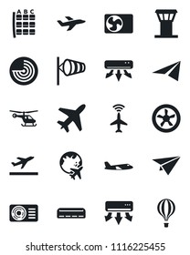Set of vector isolated black icon - plane vector, airport tower, radar, departure, wind, helicopter, seat map, globe, air conditioner, fan, paper, balloon