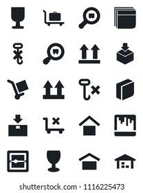 Set of vector isolated black icon - baggage trolley vector, fragile, cargo, warehouse storage, up side sign, no, hook, package, search, scanner, blank box