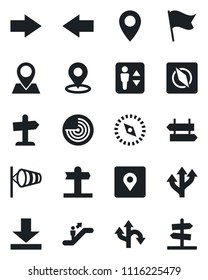 Set of vector isolated black icon - elevator vector, escalator, signpost, right arrow, left, wind, radar, route, pin, download, place tag, compass, flag, guidepost