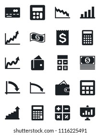 Set of vector isolated black icon - credit card vector, growth statistic, calculator, crisis graph, receipt, bar, wallet, cash, presentation