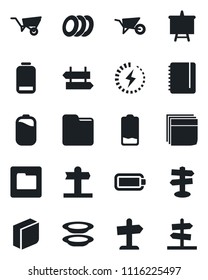 Set of vector isolated black icon - signpost vector, notepad, presentation board, wheelbarrow, low battery, folder, charge, blank box, plates, guidepost