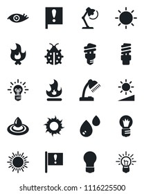 Set of vector isolated black icon - sun vector, bulb, lady bug, fire, eye, important flag, brightness, desk lamp, water, energy saving, idea