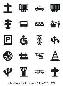 Set of vector isolated black icon - airport tower vector, taxi, bus, parking, passport control, signpost, alarm car, border cone, radar, helicopter, disabled, route, traffic light, truck trailer