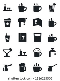 Set of vector isolated black icon - hot cup vector, coffee, water supply, alcohol, wine card, drink, cocktail, phyto bar, beer, turkish