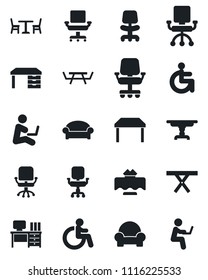 Set of vector isolated black icon - cafe vector, waiting area, disabled, office chair, desk, picnic table, cushioned furniture, restaurant, man with notebook