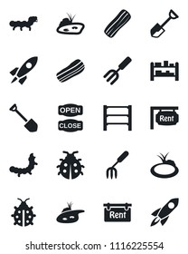 Set of vector isolated black icon - job vector, garden fork, shovel, lady bug, caterpillar, pond, rack, rent, bacon, open close, rocket