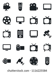 Set of vector isolated black icon - tv vector, reel, satellite, video camera, remote control, monitor