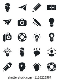 Set of vector isolated black icon - automatic door vector, brainstorm, bulb, camera, pencil, rolling pin, energy saving, shining head, idea, paper plane, crisis management