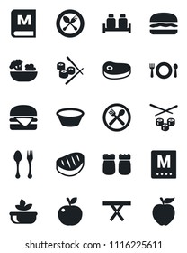 Set of vector isolated black icon - spoon and fork vector, picnic table, cafe, menu, salad, salt pepper, steak, hamburger, bowl, sushi, apple fruit