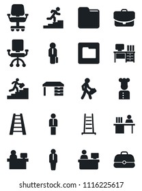 Set of vector isolated black icon - manager vector, desk, place, ladder, folder, career, cook, office chair, case