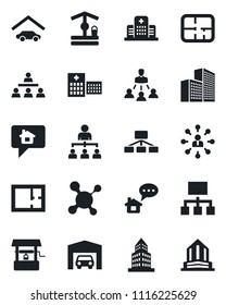 Set of vector isolated black icon - hierarchy vector, well, molecule, hospital, office building, garage, plan, home message