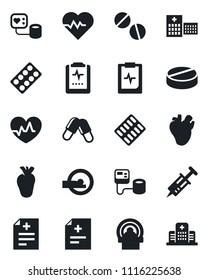 Set of vector isolated black icon - heart pulse vector, diagnosis, syringe, blood pressure, pills, blister, tomography, real, clipboard, hospital