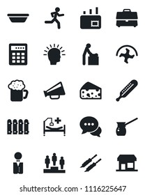 Set Of Vector Isolated Black Icon - Baby Room Vector, Pedestal, Ripper, Thermometer, Run, Hospital Bed, Loudspeaker, Dialog, Case, Mail, Fence, Waiter, Beer, Kebab, Bowl, Turkish Coffee, Cheese