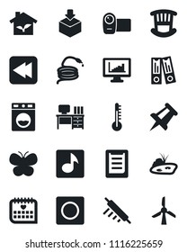 Set of vector isolated black icon - office binder vector, desk, drawing pin, butterfly, hose, medical calendar, clipboard, package, video camera, rewind, record, music, monitor statistics, pond