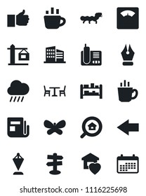 Set Of Vector Isolated Black Icon - Cafe Vector, Left Arrow, Pennant, Coffee, Butterfly, Rain, Caterpillar, Scales, Signpost, Rack, News, Radio Phone, Finger Up, Ink Pen, Office Building, Sweet Home