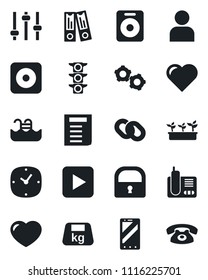 Set of vector isolated black icon - mobile phone vector, gear, office binder, document, seedling, heart, traffic light, heavy, radio, chain, speaker, play button, rec, tuning, user, clock, lock
