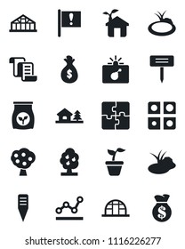Set of vector isolated black icon - bomb in case vector, contract, seedling, plant label, greenhouse, pond, fertilizer, important flag, application, point graph, house with tree, fruit, eco