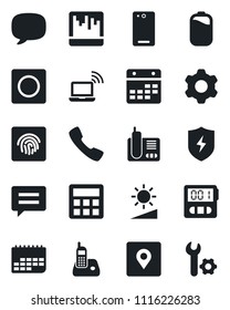 Set of vector isolated black icon - wireless notebook vector, term, radio phone, back, call, message, protect, settings, calculator, stopwatch, record, scanner, calendar, brightness, place tag