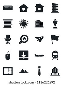 Set of vector isolated black icon - train vector, sun, plane, pennant, mouse, house, download, office chair, tie, mountains, plan, building, estate search, sweet home, city, reserved, jalousie, flag