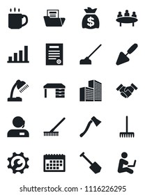 Set of vector isolated black icon - desk vector, money bag, meeting, job, trowel, rake, hoe, axe, root setup, calendar, coffee, office building, bar graph, document folder, support, lamp, handshake