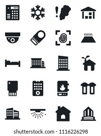 Set of vector isolated black icon - bed vector, house, warehouse, office building, city, eco, fingerprint, remote control, water heater, snowflake, filter, smoke detector, warm floor, usb flash