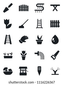 Set of vector isolated black icon - flower in pot vector, trowel, fence, ladder, seedling, watering, glove, saw, water drop, well, hoe, plant label, picnic table, drip irrigation, tulip, salad