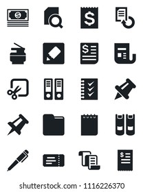 Set of vector isolated black icon - ticket vector, contract, book, office binder, notepad, drawing pin, document reload, cash, receipt, news, paper, folder, notes, cut, search, checklist, copier