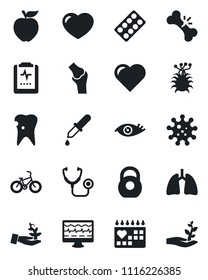 Set of vector isolated black icon - heart vector, monitor pulse, stethoscope, dropper, pills blister, bike, lungs, caries, eye, joint, broken bone, medical calendar, clipboard, virus, heavy