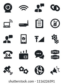Set of vector isolated black icon - no mobile vector, wireless notebook, speaking man, gear, 24 hours, satellite, network, dialog, speaker, chain, cellular signal, clipboard, mail, open close