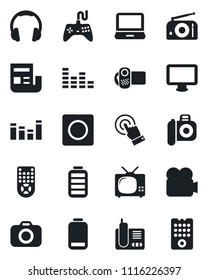 Set of vector isolated black icon - camera vector, radio, gamepad, equalizer, video, remote control, touch screen, headphones, monitor, laptop pc, phone, battery, low, record, news, tv