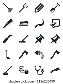 Set of vector isolated black icon - pen vector, drawing pin, pencil, shovel, farm fork, rake, watering, hoe, sickle, garden knife, axe, stethoscope, blood pressure, cut, stapler, ladle