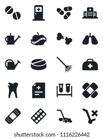 Set of vector isolated black icon - medical room vector, rake, watering can, lawn mower, doctor case, diagnosis, blood test vial, pills, blister, patch, lungs, caries, broken bone, diet, hospital