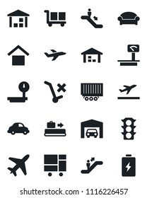 Set of vector isolated black icon - plane vector, departure, baggage conveyor, escalator, waiting area, traffic light, truck trailer, car delivery, consolidated cargo, warehouse storage, no trolley