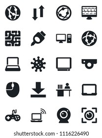 Set of vector isolated black icon - wireless notebook vector, mouse, pc, monitor pulse, virus, gamepad, tv, network, hdmi, data exchange, download, manager desk, chip, web camera, eye scan