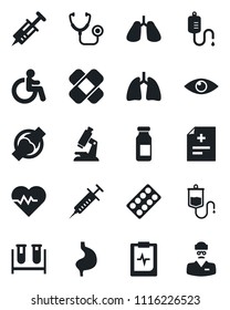 Set of vector isolated black icon - disabled vector, heart pulse, diagnosis, stethoscope, syringe, blood test vial, dropper, microscope, pills blister, ampoule, patch, stomach, lungs, eye, joint