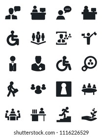 Set of vector isolated black icon - dispatcher vector, female, disabled, meeting, manager place, doctor, speaker, group, hr, desk, career ladder, company, waiter, consumer search, palm sproute