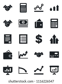 Set of vector isolated black icon - credit card vector, handshake, dollar sign, cash, abacus, point graph, contract, arrow up, wallet, growth, crisis, calculator, presentation