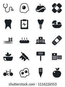 Set of vector isolated black icon - plant label vector, stethoscope, patch, bike, tooth, implant, pulse clipboard, diet, hospital, pool, salad, bread, rolling pin, omelette, apple fruit